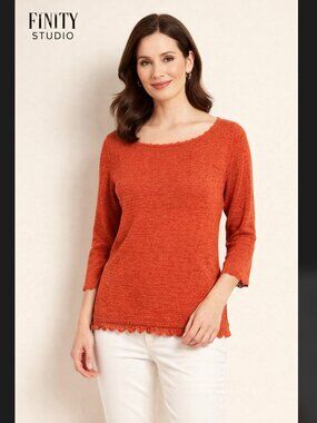 Finity Studio Knit Top M Orange Boat Neck Scallop Hem 3/4 Sleeve VTG Boho Casual